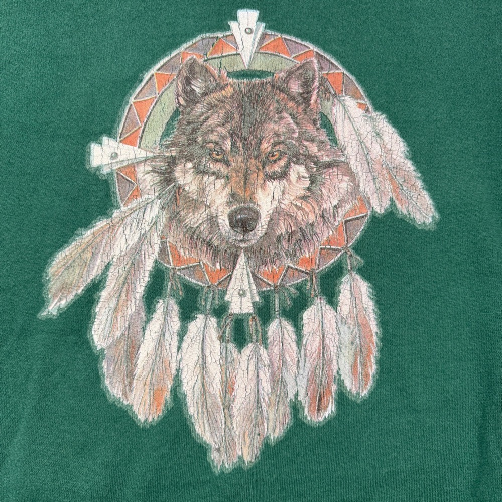 Vintage Wolf Dreamcatcher Sweatshirt Mens XL Green 90s Graphic Boxy Fit Pullover - Picture 2 of 5